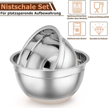 TEAMFAR Mixing Bowl Set, 7-Piece Stainless Steel Bowls Salad Bowls with Airtight Lids and Silicone Bottom, 0.7L/1.2L/1.5L/2.5L/2.8L/3.5L/6.5L, Khaki