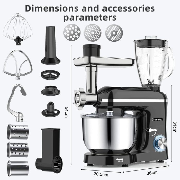 Homlee 3-in-1 Kitchen Machine with 1800W Power - Food Processor, Mixer, Meat Grinder & Juicer with 5.5L Stainless Steel Bowl
