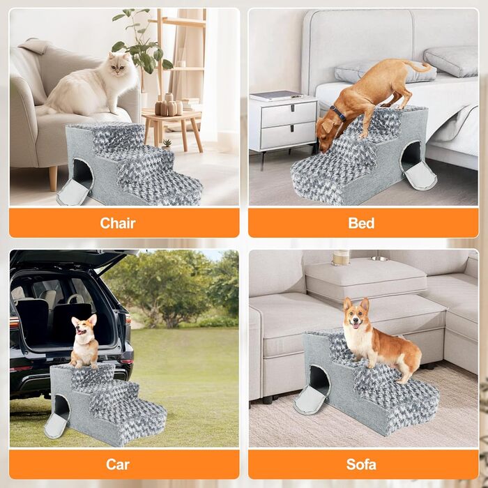 Сходинки для собак 3-ступеневі з будиночком для котів та пандусом для собак. Неслизькі сходи з високощільну піну для маленьких/середніх собак, легко чистяться