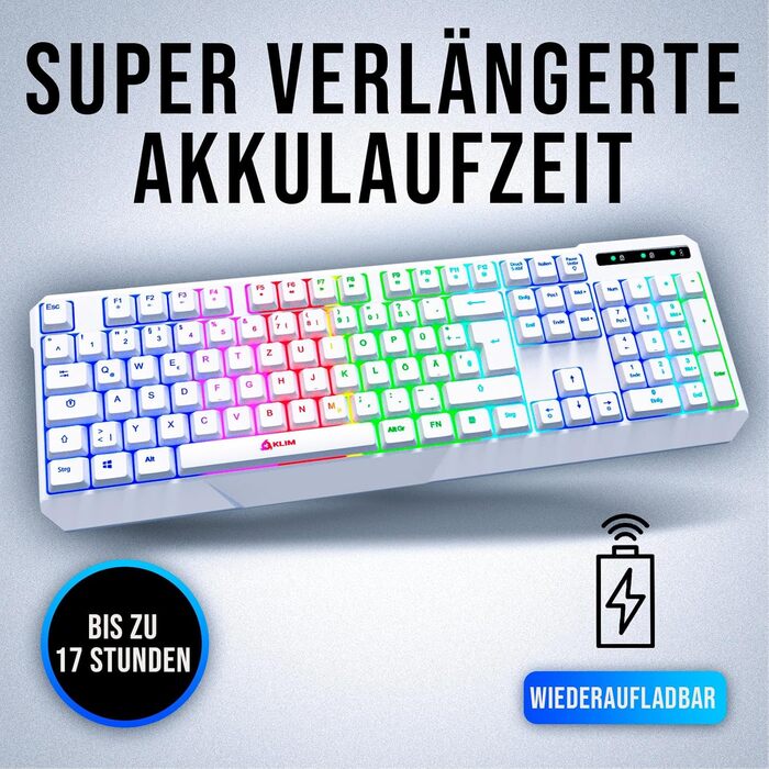 KLIM Chroma Wireless Gaming Tastatur: Бездротова ігрова клавіатура з RGB підсвічуванням, тиха, ергономічна, водонепроникна, для PC, Mac, PS4, PS5