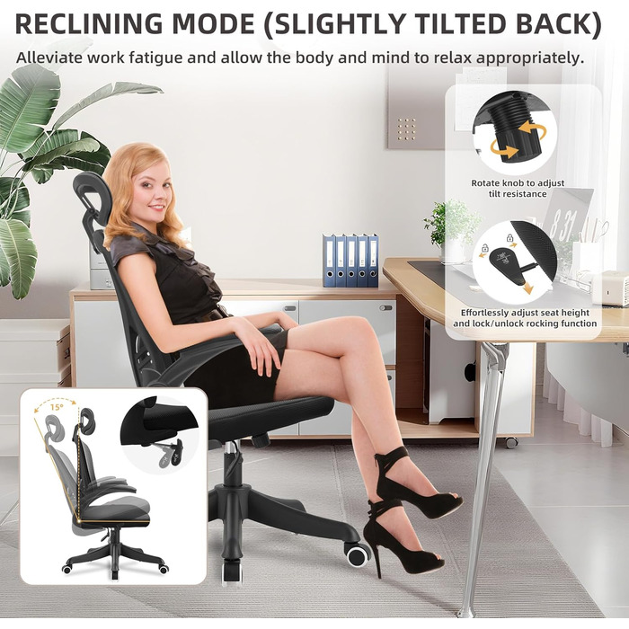 Ергономічне крісло для офісу та дому з підтримкою попереку та регульованою підголівником, велике сидіння