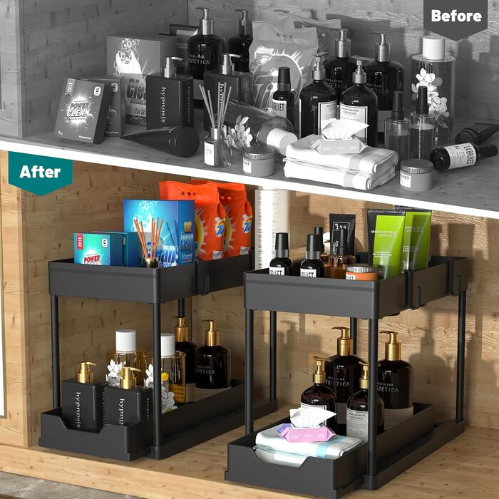 DEKAVA Kitchen Organizer, 2 Under Sink Shelf, Closet Kitchen Organizer with 4 Hooks, Closet Basket for Kitchen, Bathroom, Cleaning Supplies, Detergent (Black)