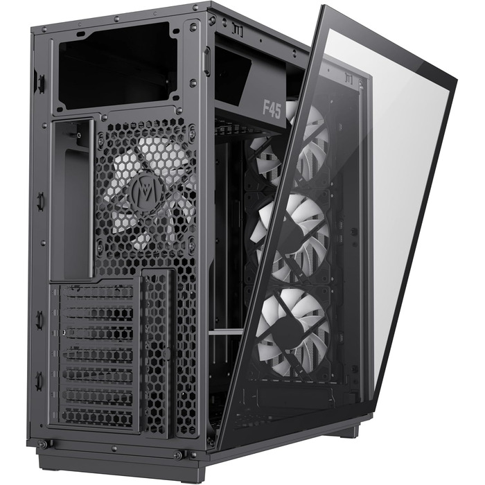 Корпус ПК GAMEMAX F45 Mid-Tower чорного кольору з дерев'яним декором, 4x ARGB PWM вентилятори, сумісний з BTF материнськими платами, скляна бічна панель, для геймінгу