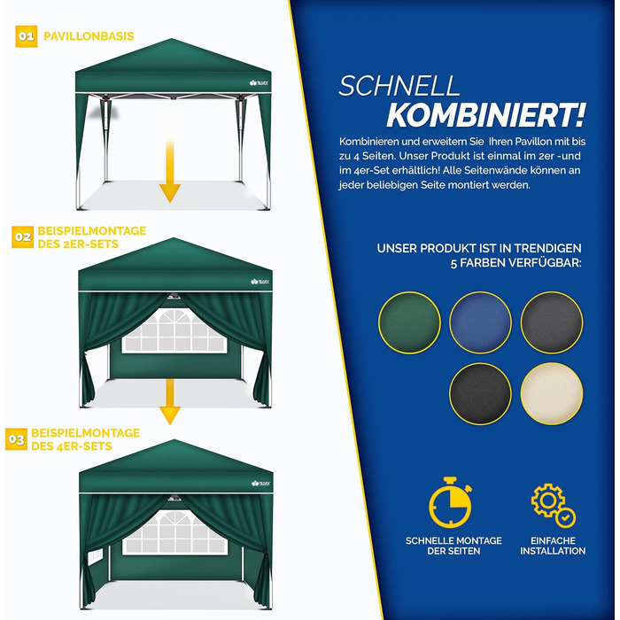 tillvex® for 3x3m Pavilion | Folding Pavilion Side Walls Water-Repellent | Side Windows & Zipper | Side Walls for Garden Tent Party Tent (4x Side Wall, Green)