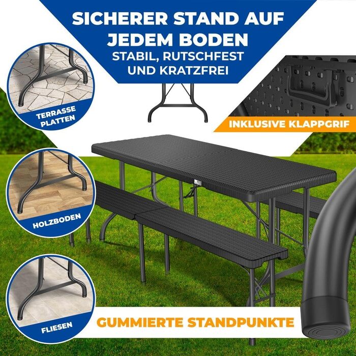 Складний обідній стіл KESSER® 183x76 см, ротанг, для кемпінгу, саду, тераси, балкона, 6 осіб, антрацит