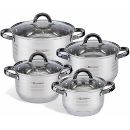 Набір каструль та сковорідок EliteHoff Induktion (8 предметів) з нержавіючої сталі, з кришками та чорними ручками, для всіх типів плит