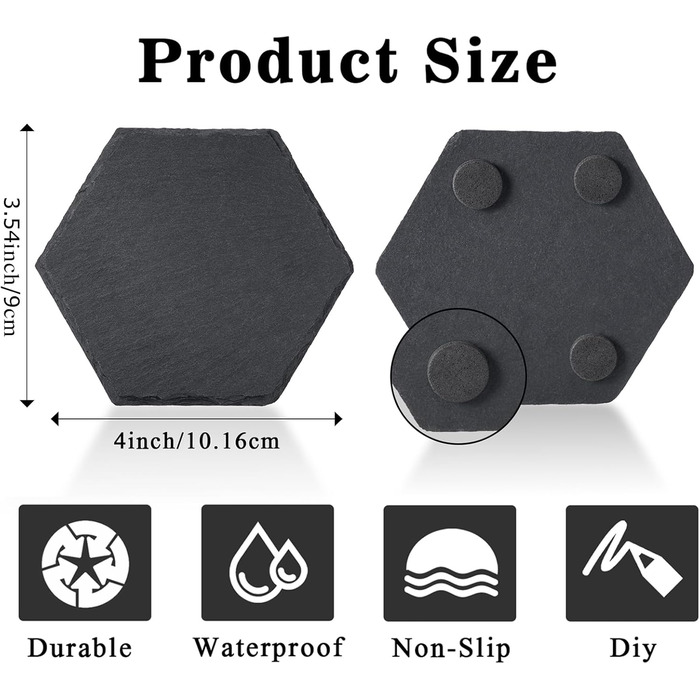 MAPRIAL 36-Piece Slate Coasters Bulk, 10.2 cm Hexagonal, Blank, Black Stone Coasters for Drinks, Natural, Handmade, Hexagon, Stone for Laser Engraving, Gifts, Engraving, Halloween