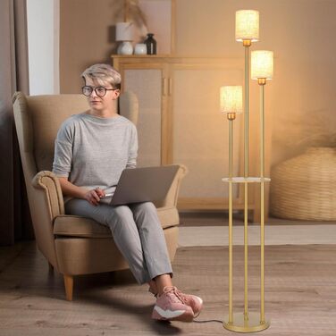 Стійка лампа Winverty для вітальні з полицею, 3 лампи, вінтажний стиль, індустріальний дизайн, E27, вимикач на нозі, абажур з льону, 1.66 м (золота)