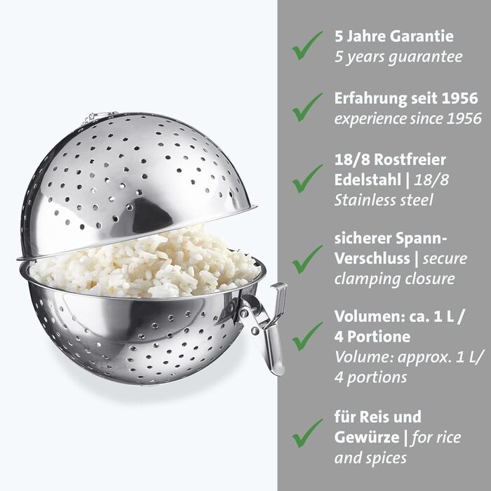 Westmark Rice Ball – practical sieve for cooking rice, ideal for preparing sushi, jasmine or basmati rice, also usable as a spice sieve – stainless steel, 1 liter