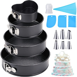 Форми для випічки Amzeeniu Springform, набір 4 шт., 11/18/23/26 см, круглі, професійні, знімний дно, антипригарне покриття, набір з 8 насадок для крему, 3 шаблони для тортів, чорний колір