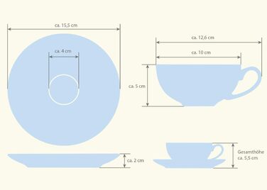 Tea cup set made of fine bone china porcelain. 6 teacups, each 150ml, and 6 saucers with a stylish cup design.