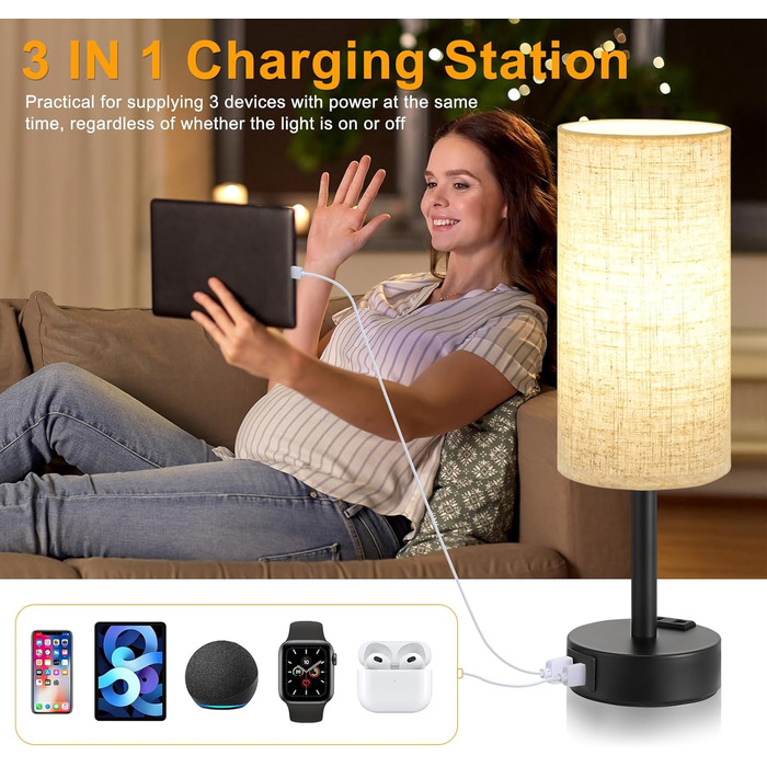 Настільна лампа Kakanuo з торшером, USB-порт, регулювання яскравості, тканинний абажур, для спальні, вітальні, дитячої кімнати, офісу (з лампочкою), білий/бежевий