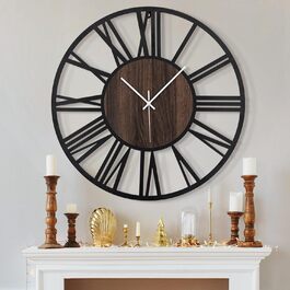 HAITANG Round Wall Clock, Black, 34 cm, for Living Room, Decoration, Vintage Style, Roman Numerals, Silent, Non-Ticking, Wall Clocks for Home, Garden, Office, Cafe Decoration (50 cm, Black)