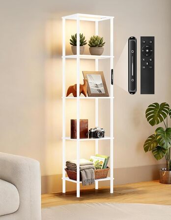 Стельова лампа з поличкою, LED, регулювання яскравості, 3 колірні температури, сенсорне управління та пульт, полиця для книг, дерев'яна, сучасний дизайн для вітальні, спальні, офісу (білий)