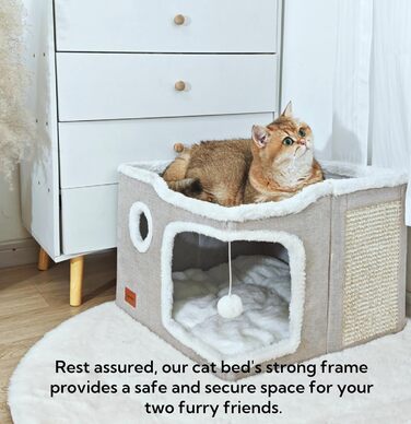 Large Cat Cave Bed for House Cats, Foldable Pet House, Cube with Scratch Pad, Kitten Cave, Cat Hideaway Cute Hut with Soft Cushion Mat, Beige, 43.2 x 43.2 x 33 cm