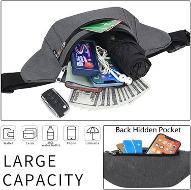 Поясна сумка на пояс, нагрудна сумка, спортивна сумка для чоловіків та жінок, водовідштовхувальна, Doggy Bag, велика, для телефону, через плече, для кемпінгу, піших прогулянок, фітнесу, велосипеда, бігу (темно-сірий)