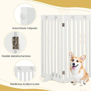 Захисний бар'єр для собак Costway 89 см, дерев'яне огорожа, дитяче ворота, розкладне, для захисту сходів, гнучкий бар'єр (3 панелі, білий)