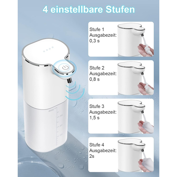 Автоматичний дозатор мила 400 мл з підзарядкою та кріпленням на стіну, 4 рівня, IPX5, електричний, для кухні та ванної кімнати, білий, рідинний/пінний тип