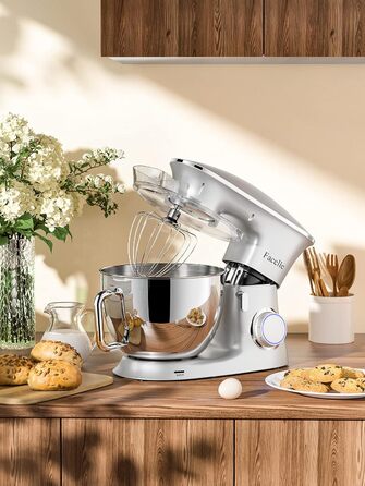 Facelle 2000W 8.5L Stand Mixer - Heavy Duty Dough & Bread Machine with Whisk, Dough Hook, Beater & Splash Guard for Baking Cakes, Cookies & Kneading - 6+ Speed (Silver)