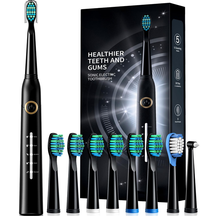 Електрична зубна щітка Demita зі звуковими вібраціями, 8 насадок, 40000 VPM, 5 режимів, швидка зарядка (30 днів роботи), чорний (S1)