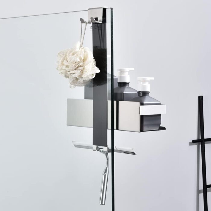 HomeHeng Hanging Shower Shelf, Stainless Steel Hanging Shower Basket, Brushed Nickel Hanging Shower Shelf with Hooks for Glass Shower Enclosure, H30BN-1DH