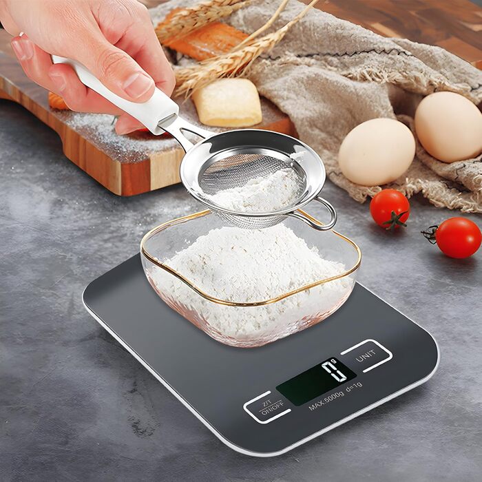 Цифрова кухонна вага, 10 кг/1 г, USB, акумулятор, LCD дисплей, функція тарування, професійна, металевий корпус (білий/чорний)