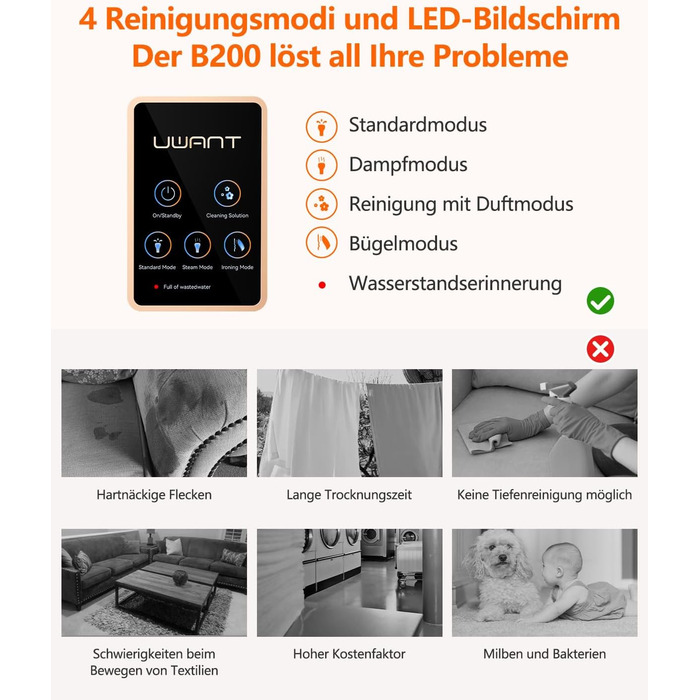 UWANT Теперішній пилосос для килимів, для диванів, килимів, м'яких меблів, мокрий/сухий пилосос з сильною потужністю всмоктування 12000Pa, 70dB (B200-білий-з щіткою для прасування)