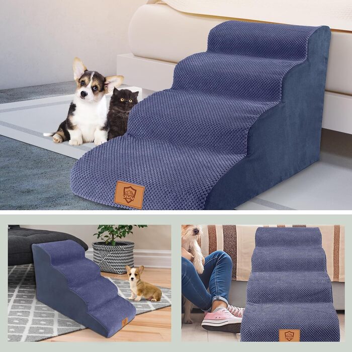 Dog Stairs for Small Dogs, 4 Steps Pet Stairs made of Foam with Waterproof Cover, Detachable Dog Ramp Cat Stairs for Sofa Bed, Send 1 Lint Roller (4 Step Blue Dog Stairs)