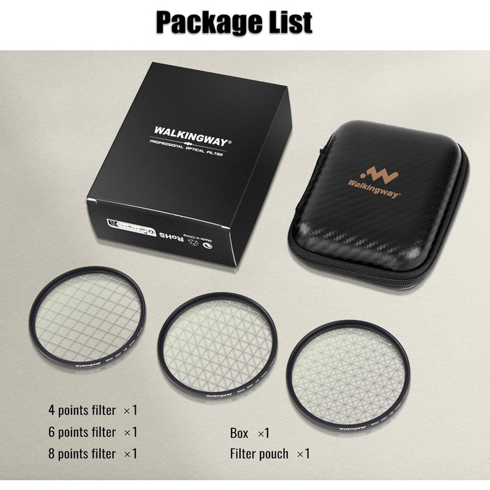 Набір зіркових фільтрів Walking Way 67mm (3 шт.) для камери: 4, 6, 8 променів + чохол