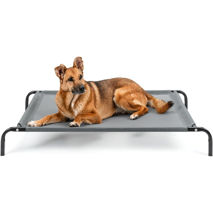 Лежанка для собак Lionto Outdoor, піднята, стабільна, сіра, 114x76x15 см. Зручна та стійка, з дихаючим покриттям та металевим каркасом. Захист від холоду підлоги.