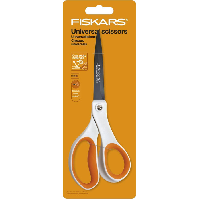 Універсальні ножиці Fiskars Antihaft з антипригарним покриттям, 21 см, титанове напилення, нержавіюча сталь, біло-помаранчеві, 1004721