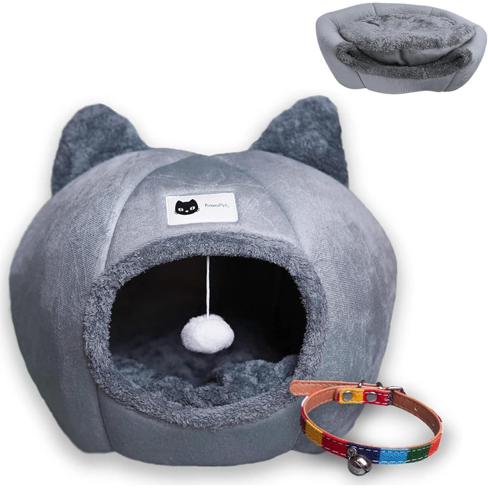Кігтеточка-будиночок для котів у сірому кольорі – затишне місце для сну та відпочинку, лежанка з м'яким, пральним подушком та іграшковою кулькою, для котів та дрібних домашніх тварин