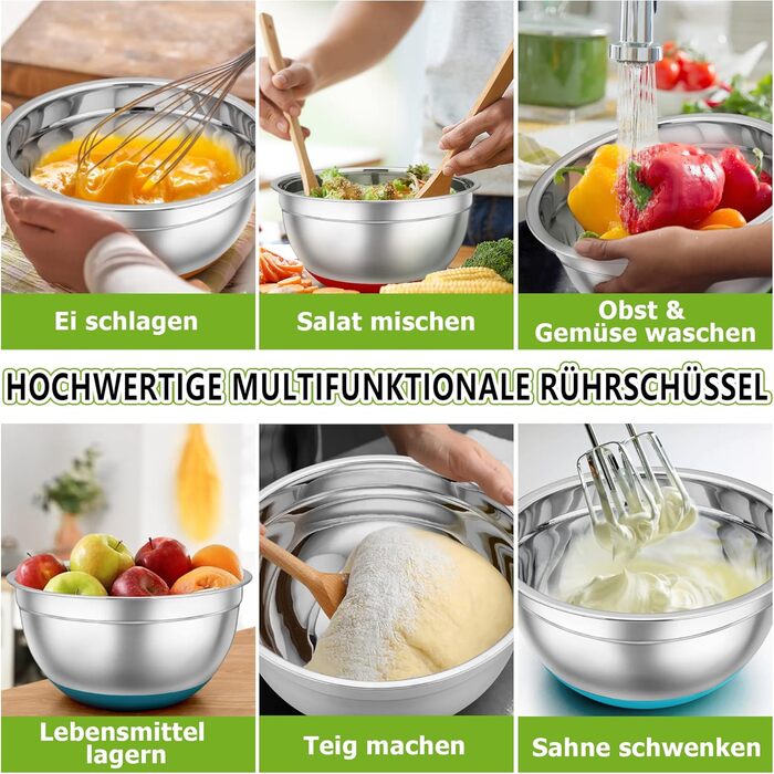 TEAMFAR Mixing Bowl Set, 7-Piece Stainless Steel Bowl Salad Bowl Set with Airtight Lids and Silicone Bottom, Nesting & Dishwasher Safe, 0.7L / 1.2L / 1.5L / 2.5L / 2.8L / 3.5L / 6.5L, assorted colors
