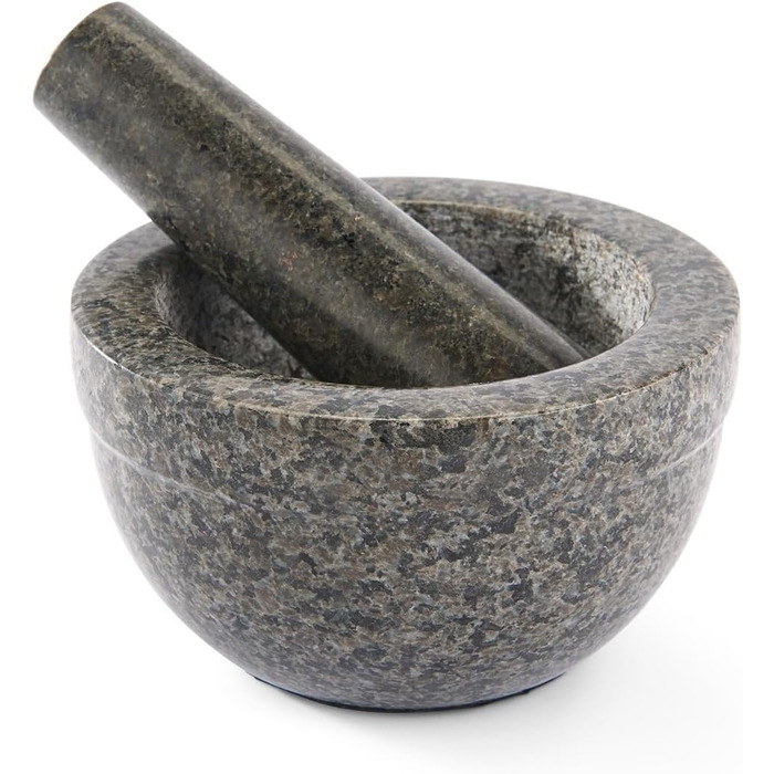 RÖSLE Granite Mortar, High-quality stone mortar with pestle for herbs, spices, curry pastes, or pesto, non-slip base, black granite stone, 13.5 x 13.5 x 8.1 cm, Grey