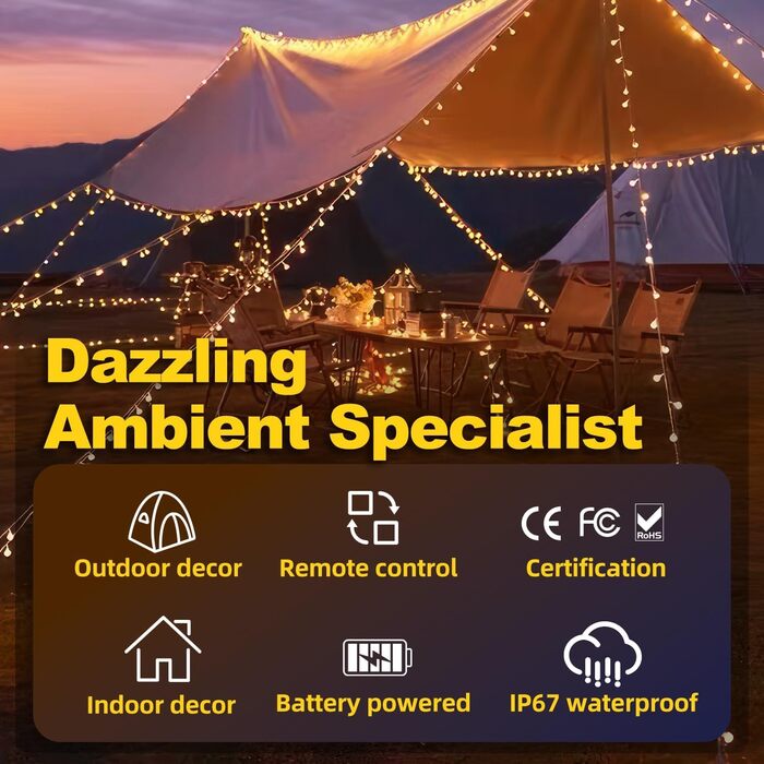 Ланцюжок вогнів RJEDL для декору: 12м, 100 LED, кулі, 8 режимів, IP67, пульт, тепле світло, для дому та саду