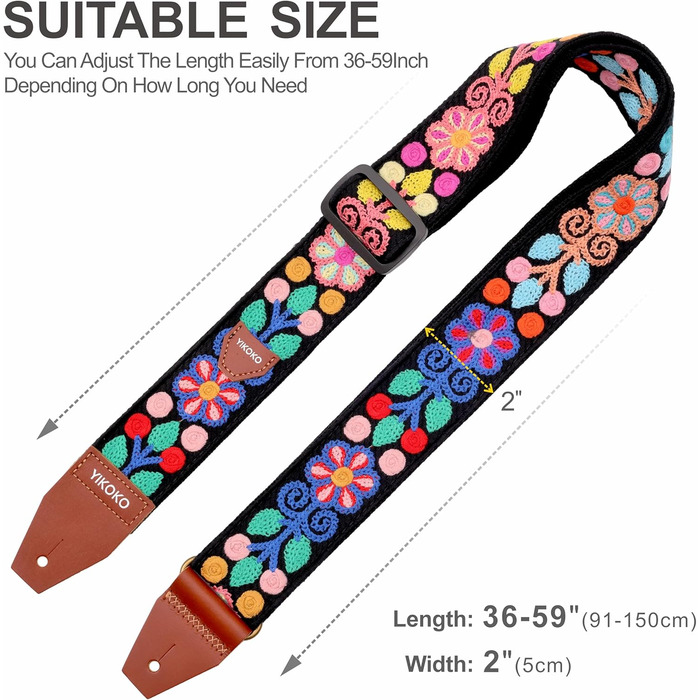 Гітарний ремінь 5,1 см з бавовни з шкіряними кінцями для бас-гітари, електрогітари та акустичної гітари (Кольорова квітка 02)