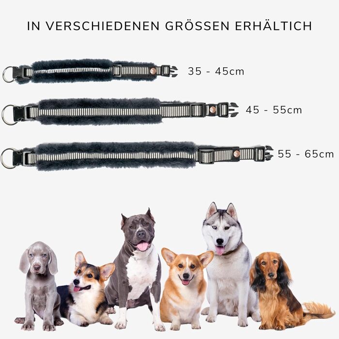 Нашийник для собак CHRIS з ланолінової вовни, зменшує випадіння шерсті, з підкладкою, світловідбиваючий, регульований, для собак малих, середніх та великих порід, розмір L (45-55 см), XL (55-65 см), колір антрацит