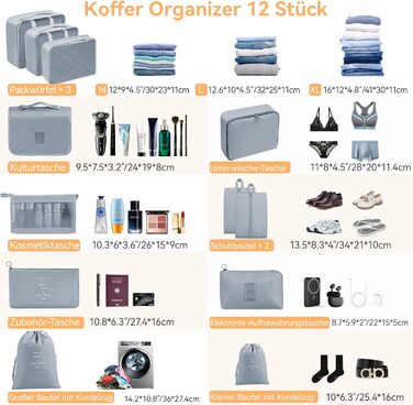 Органайзер для валізи Chijoo (12 шт, чорний) – набір кубиків для пакування, аксесуари для подорожей (сірий)