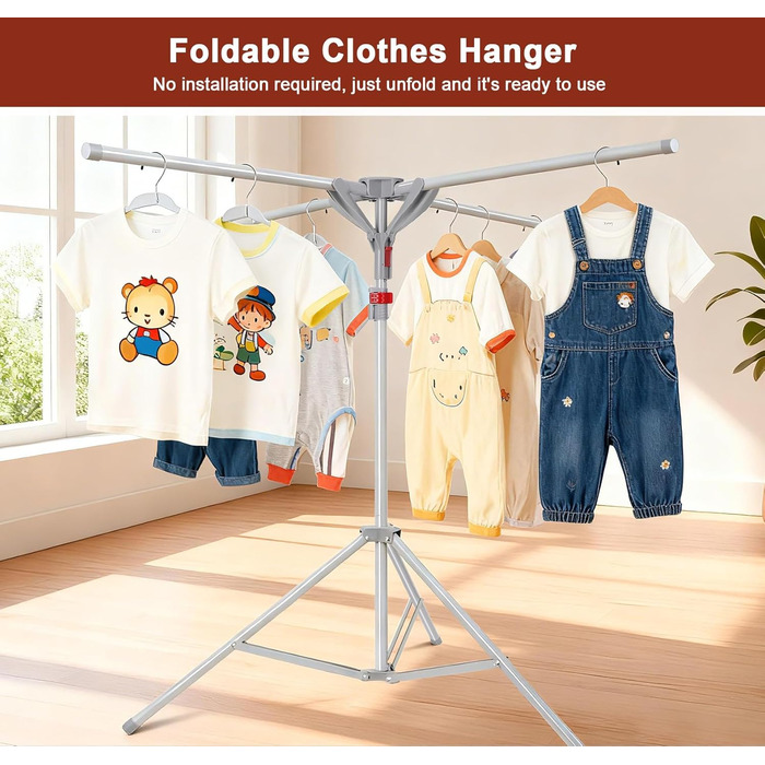 Розкладна сушилка для білизни Standtrockner з 4 крилами, 10 гачків та кліпсою для шкарпеток. Регульована висота, для дому, балкону, кемпінгу (сірий)