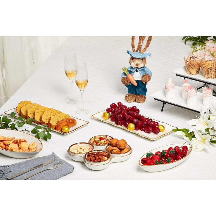 ONEMORE Porcelain Serving Platter Set - Rectangular 2-Piece Set, 38 cm Serving Tray, Long Serving Plates, Small Dinner Plates for Dessert, Cake, Sushi, Salad, Antipasti