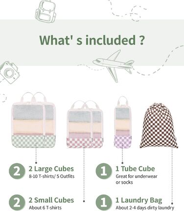 Набір органайзерів для валізи Narwey (6 шт.) - компресійні куби для пакування, рюкзак, органайзери для подорожей (в комбінованому клетчатому стилі)