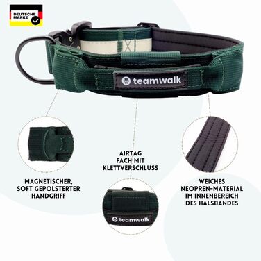 Teamwalk® Преміум нашийник для собак - з магнітною ручкою, світловідбиваючими смугами, кишеню для AirTag, індивідуально регульований, з м'якою підкладкою, міцною застібкою, з відповідним поводом, тепер ще легший (M) нашийник M(4см) Лісовий зелений