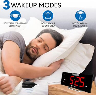 Alarm clock with a powerful 95dB alarm, vibrating pad, large display, and strobe light - The Geemarc Wake 'N' Shake Curve will wake you from deep sleep - USB charging port - Version DE