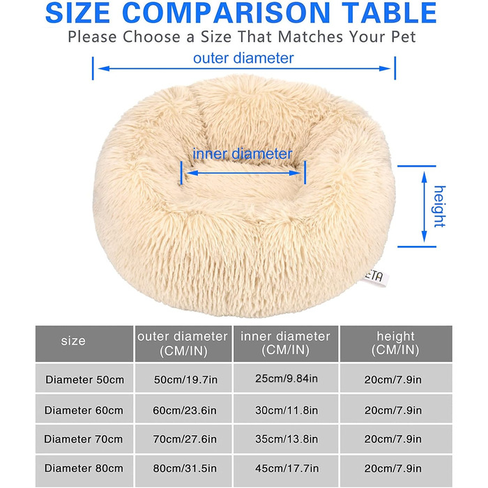 Квіткове ліжко для кота Queta: м'яке, плюшеве, кругле, 50x50x20 см, бежеве