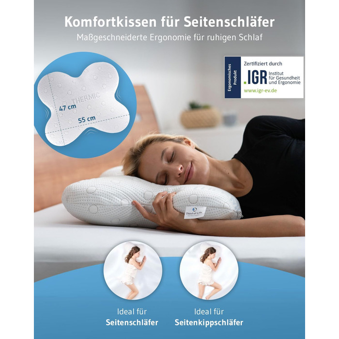 Side Sleeper Pillow ACAMAR, Third of Life - 2022 Innovation Award Winner, Orthopedic Neck Pillow for Neck Pain, Viscoelastic Memory Foam, Ergonomic Head Pillow with Thermo Cover White Thermoregulating Cover
