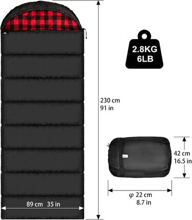 Cotton Flannel Sleeping Bag for Adults - Camping, Hiking & Backpacking - Lightweight 3-4 Season Sleeping Bag (Black/Red)
