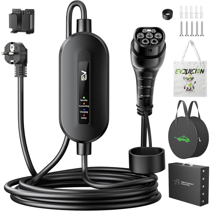 Кабель для електромобіля Evjuicion Typ 2 Schuko, 3.68kW, 6м, 16A, IP67, з індикатором, для ID.3/4, X1, 5ER, Model Y/3 та інших електромобілів