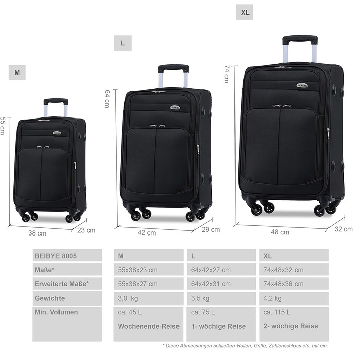Чемодан тканинний BEIBYE, чорний, XL (74 см) з кодовим замком та додатковою кишенею