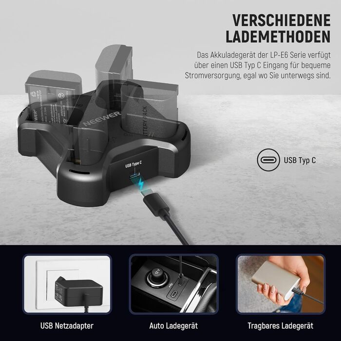 Набір акумуляторів NEEWER LP-E6NH (3 шт.) 2250mAh та зарядний пристрій USB з трьома слотами для Canon EOS R7, R5, R6, R6 II, R 5DIV, 6DII, 7DII, 80D, 90D (NW-P4 з PD 45W)