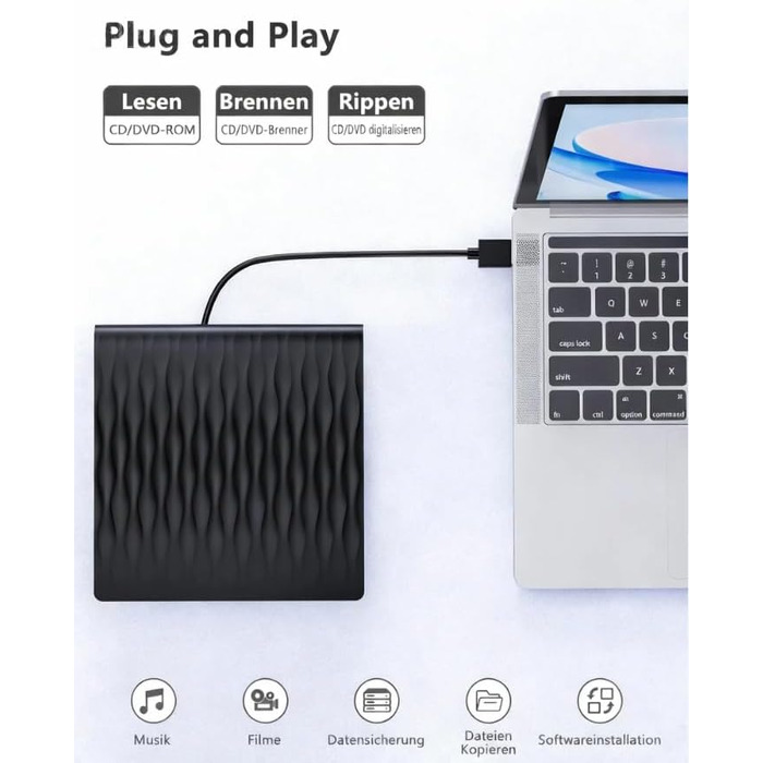 Зовнішній DVD/CD привід DANGZW USB 3.0 Type-C, портативний DVD-брунер та плеєр для ноутбука та ПК, сумісний з Windows, MacOS, Linux (чорний глянцевий)